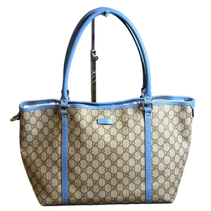 Gucci GG Supreme Medium Joy Canvas Tote with Light Blue Trim